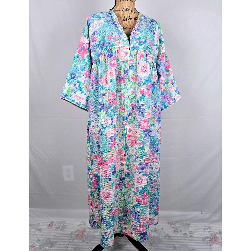 Miss Elaine At Home Floral Seersucker Housecoat Duster Robe Zip Large Blue Pink - Picture 14 of 14
